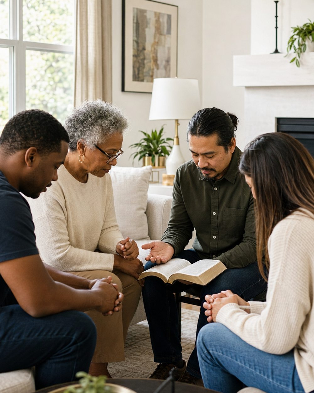 A diverse group of adults sharing an encouraging conversation around an open Bible